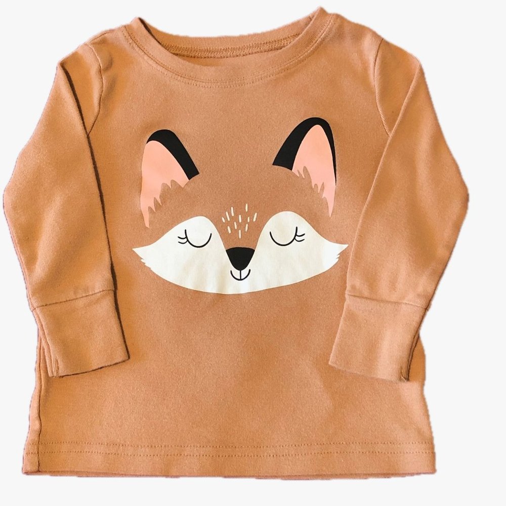 Old Navy Tan Shirt Long Sleeve Silk Screen Fox Size 12-18 Months Unisex